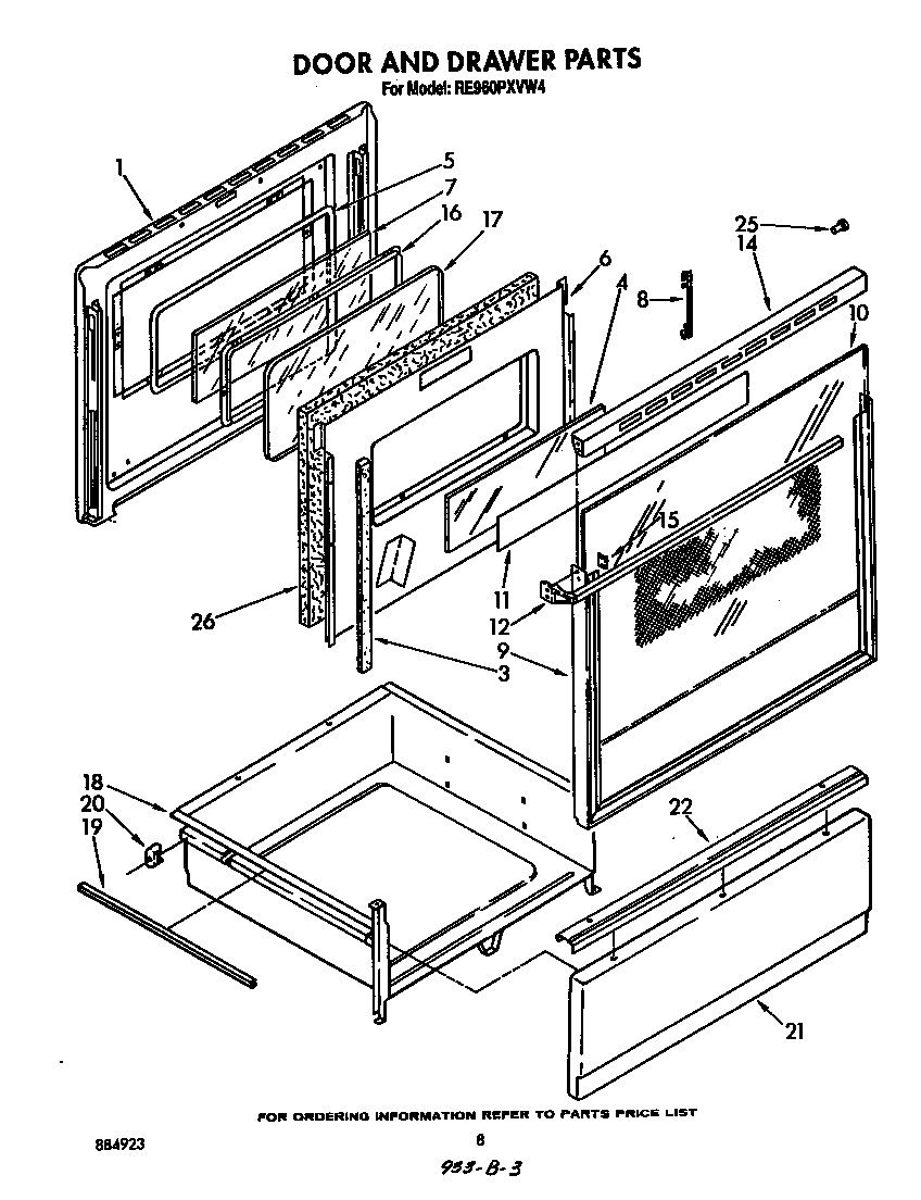 Whirlpool RE960PXVW4 door and drawer diagram
