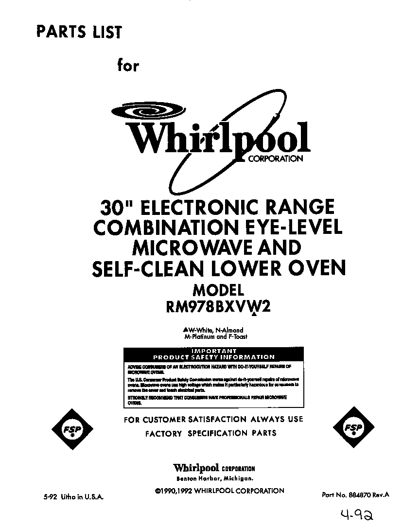 Whirlpool RM978BXVW2 front cover diagram