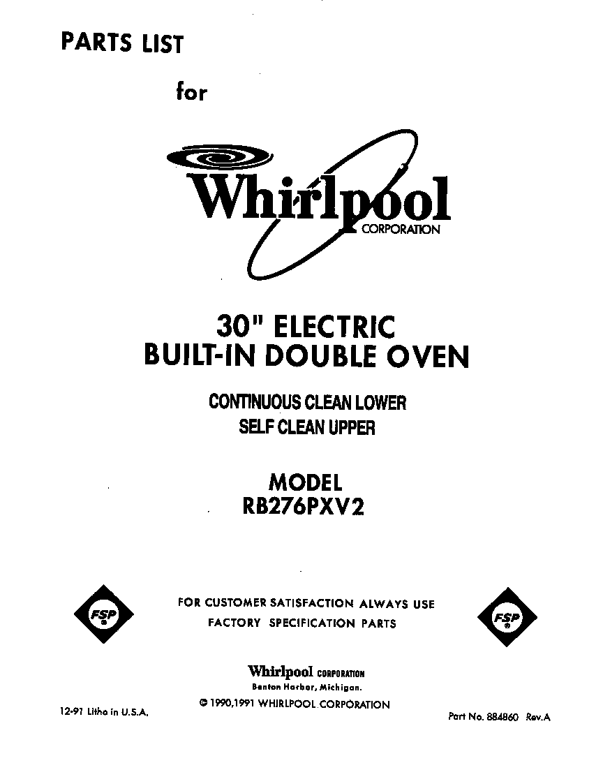 Whirlpool RB276PXV2 front cover diagram