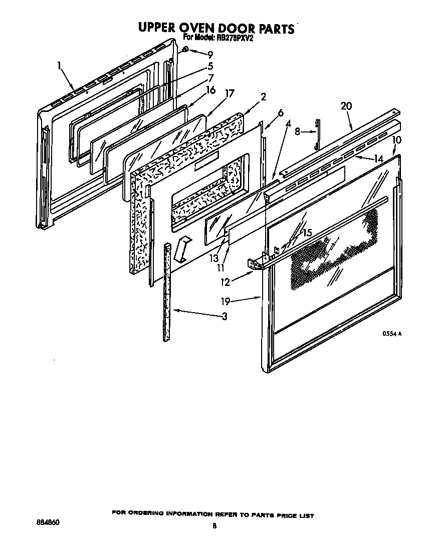 Whirlpool RB276PXV2 upper oven door diagram