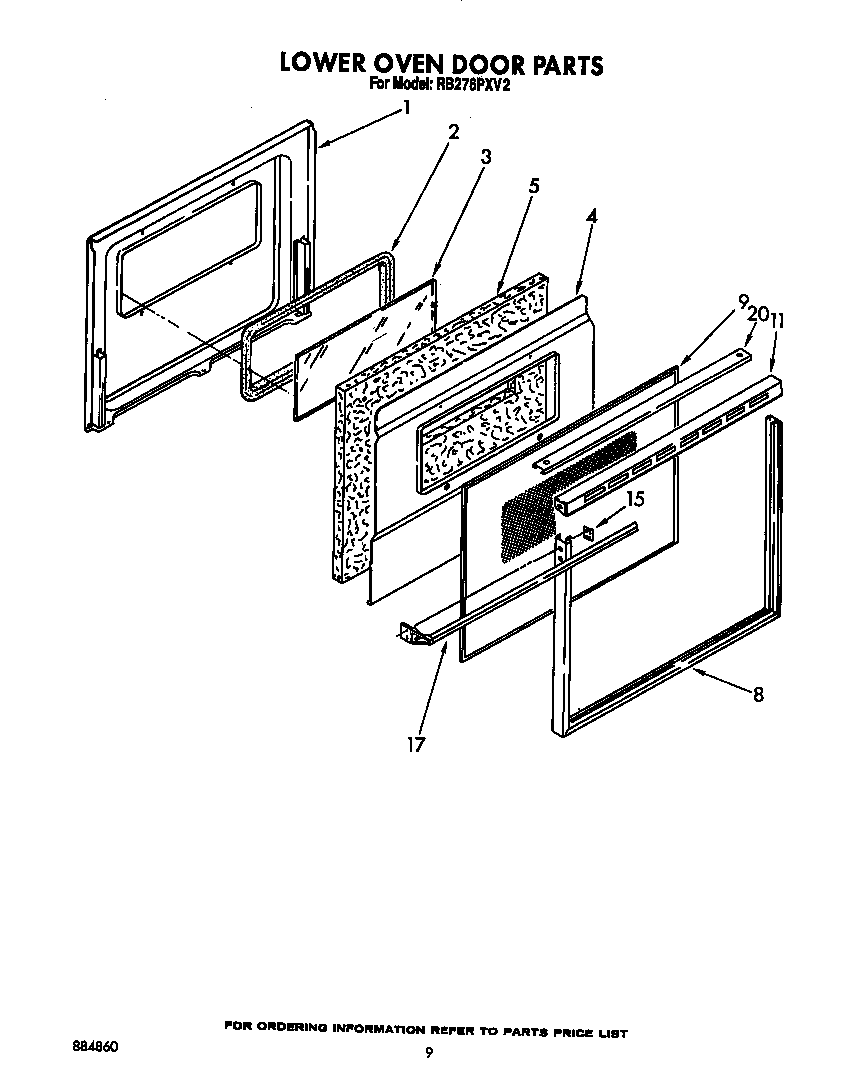 Whirlpool RB276PXV2 lower oven door diagram