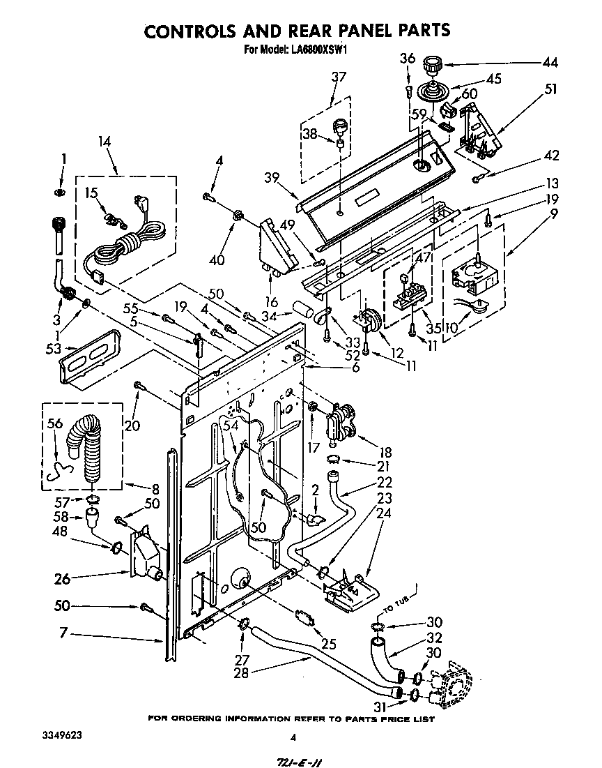 Whirlpool LA6800XSW1 controls and rear panel diagram