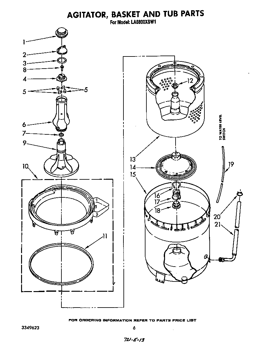Whirlpool LA6800XSW1 agitator, basket and tub diagram