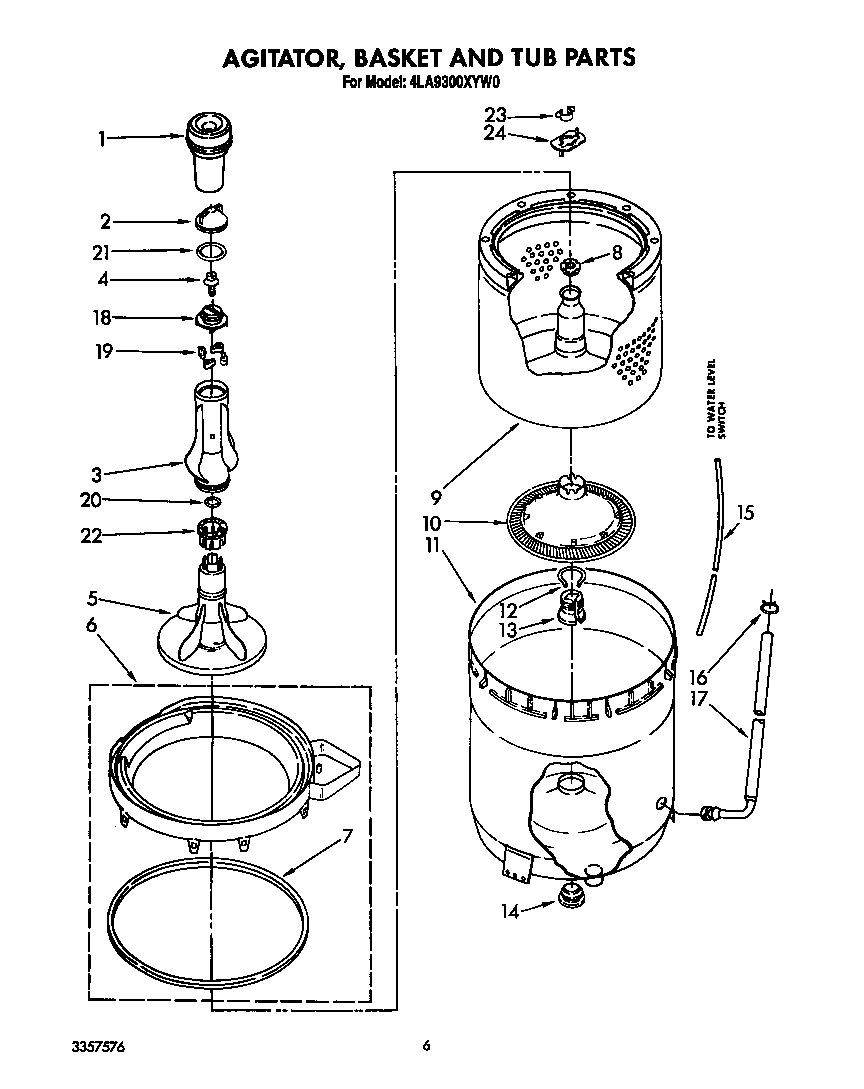 Whirlpool 4LA9300XYW0 agitator, basket and tub diagram