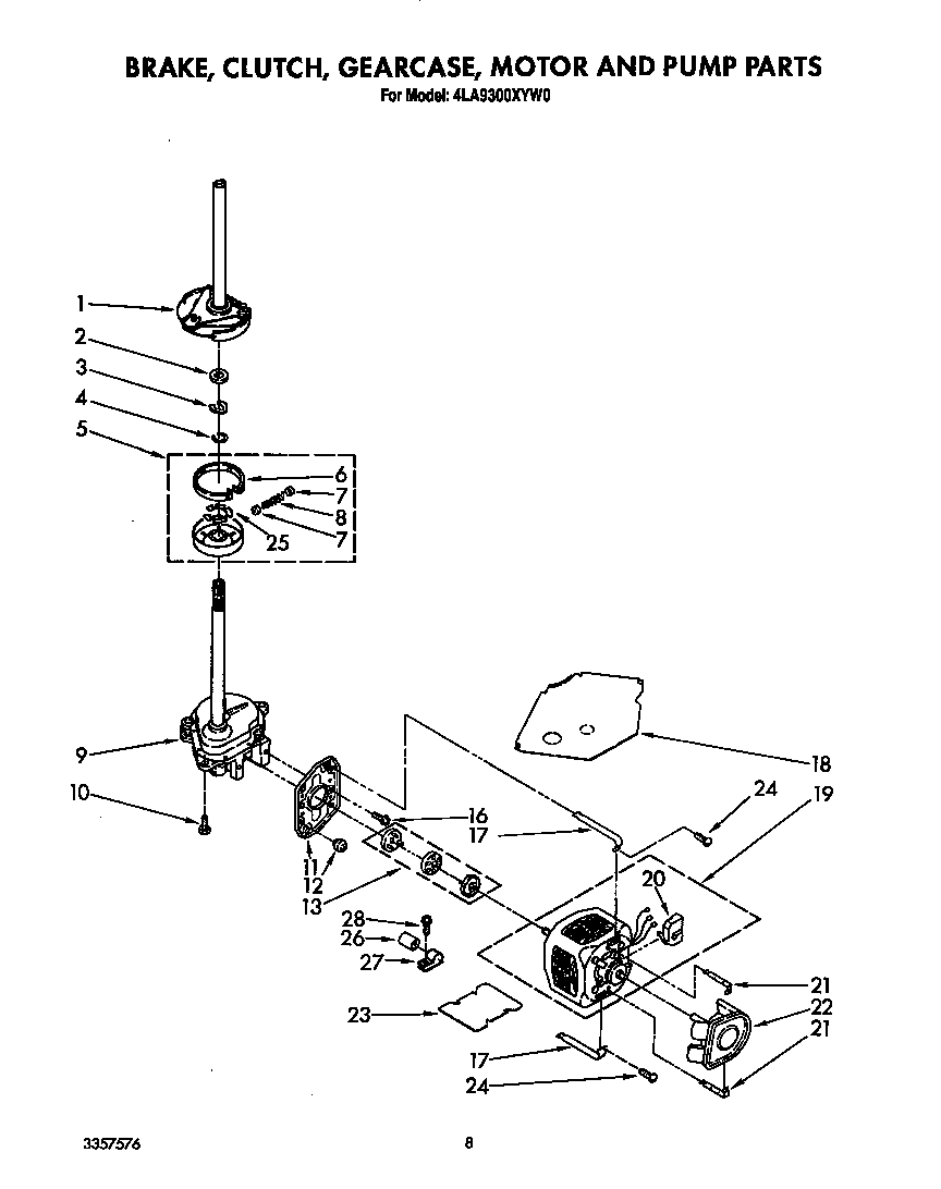 Whirlpool 4LA9300XYW0 brake, clutch, gearcase, motor and pump diagram
