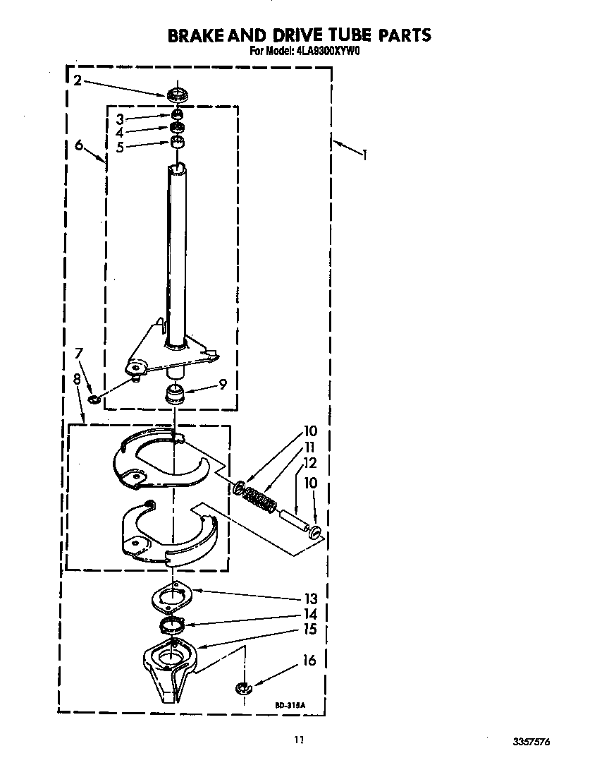 Whirlpool 4LA9300XYW0 brake and drive tube diagram