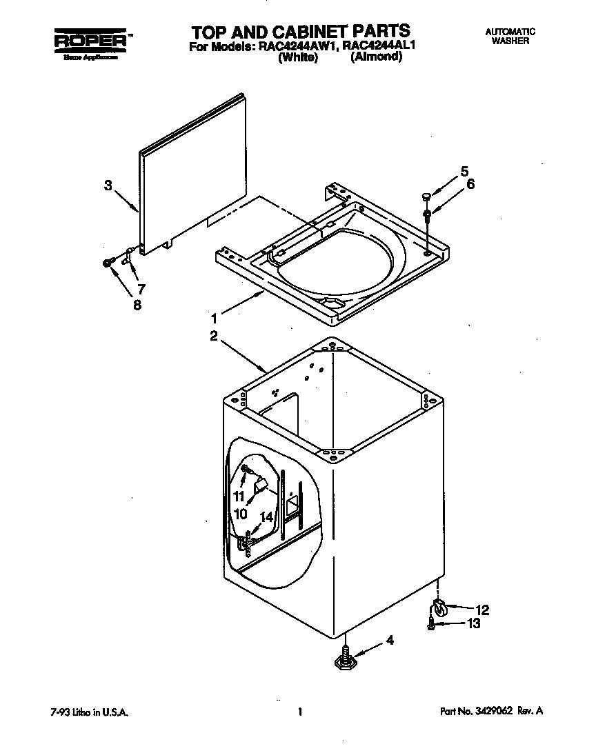 Roper RAC4244AW1 top and cabinet diagram