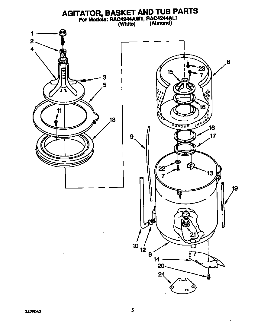 Roper RAC4244AW1 agitator basket and tub diagram