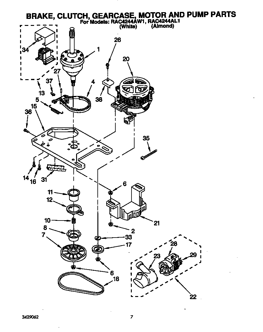 Roper RAC4244AW1 brake, clutch, gearcase, motor, and pump diagram