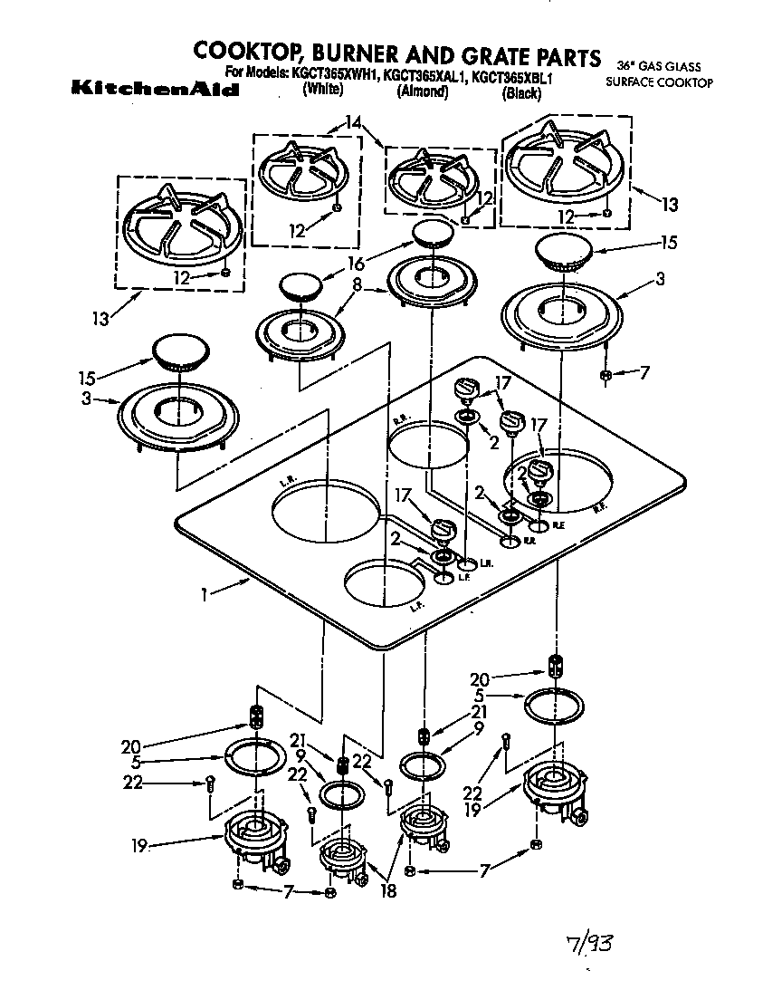 KitchenAid KGCT365XWH1 cooktop,burner,grate diagram
