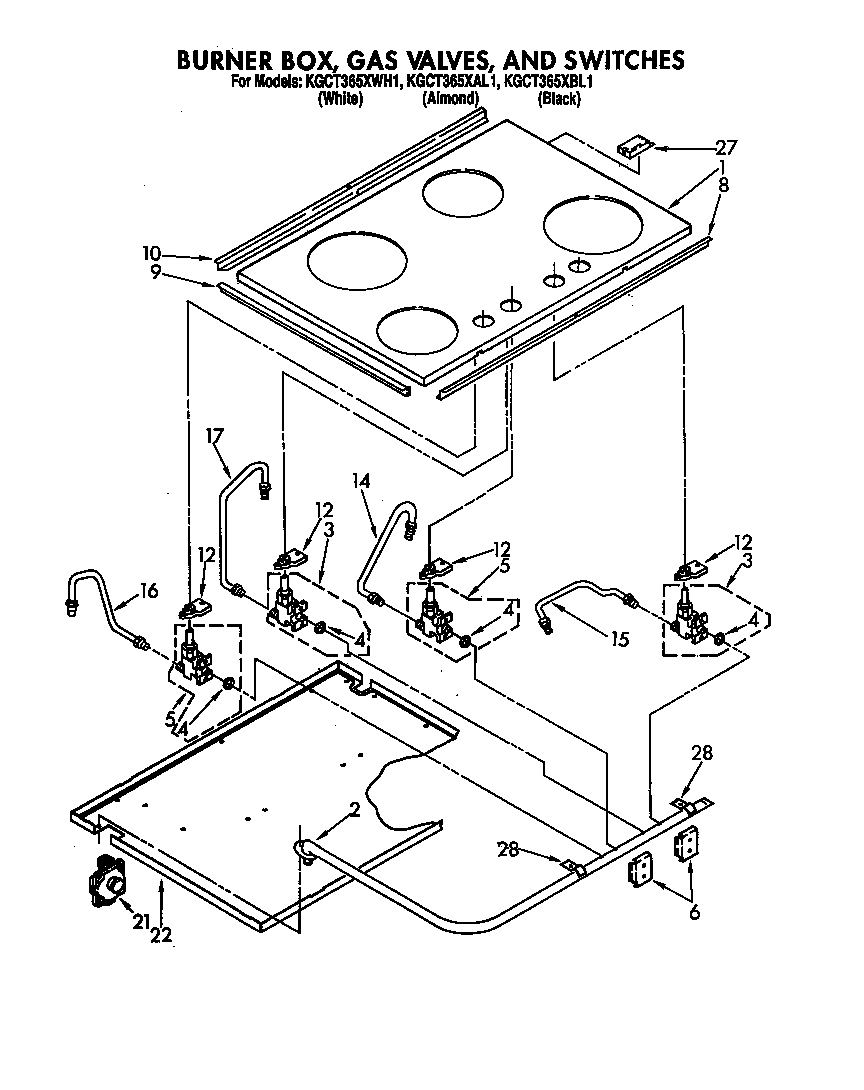 KitchenAid KGCT365XWH1 burner box,gas valves diagram