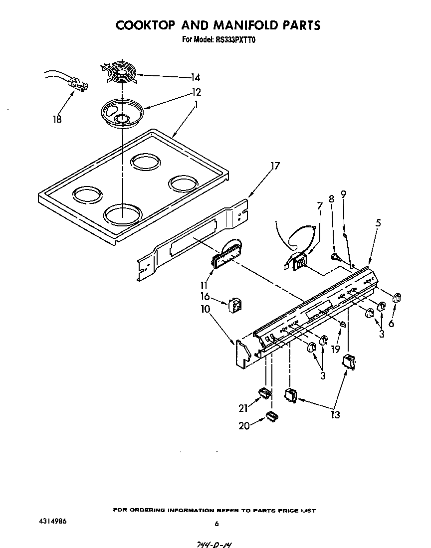 Whirlpool RS333PXTT0 cook top and manifold diagram