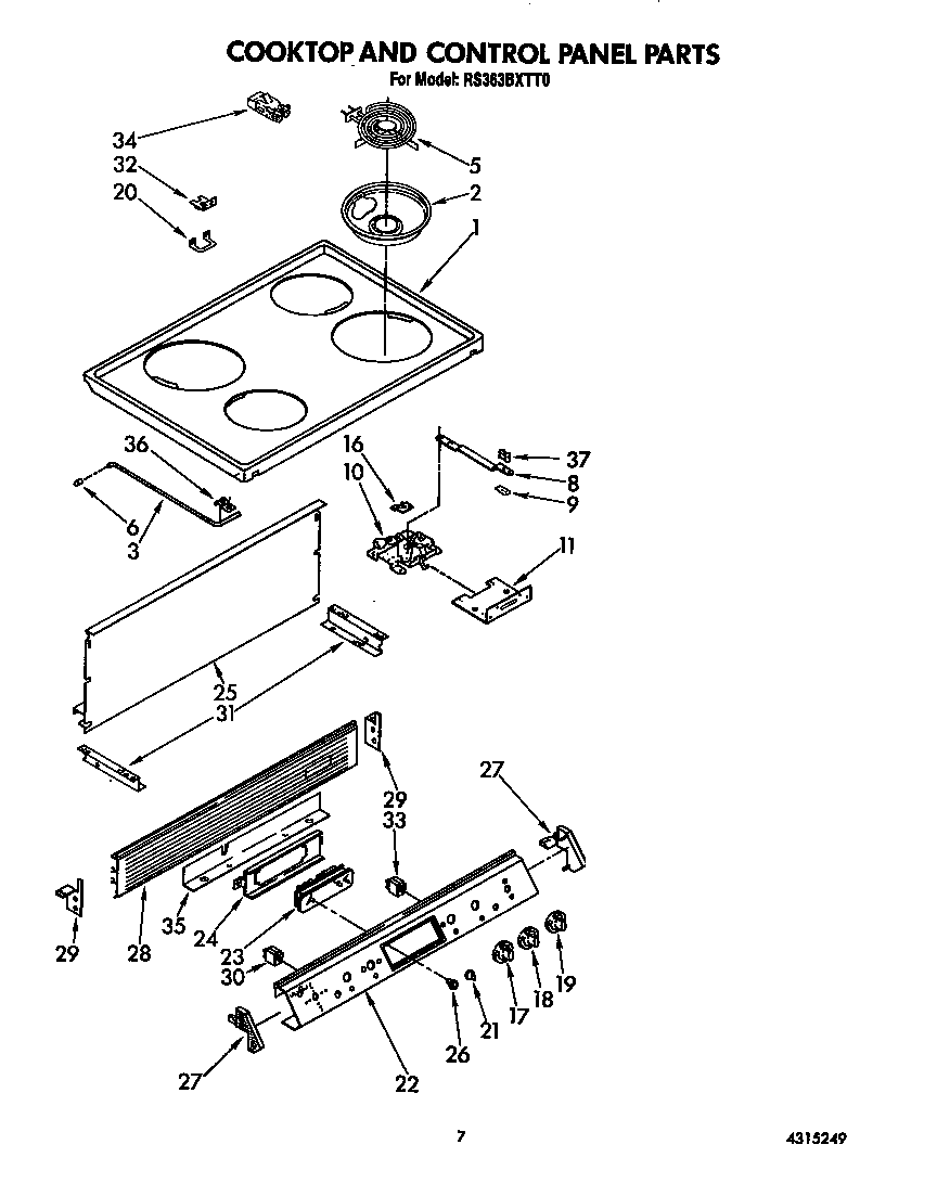Whirlpool RS363BXTT0 cooktop and control panel diagram