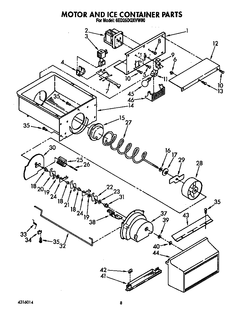Whirlpool 6ED25DQXVW00 motor and ice container diagram
