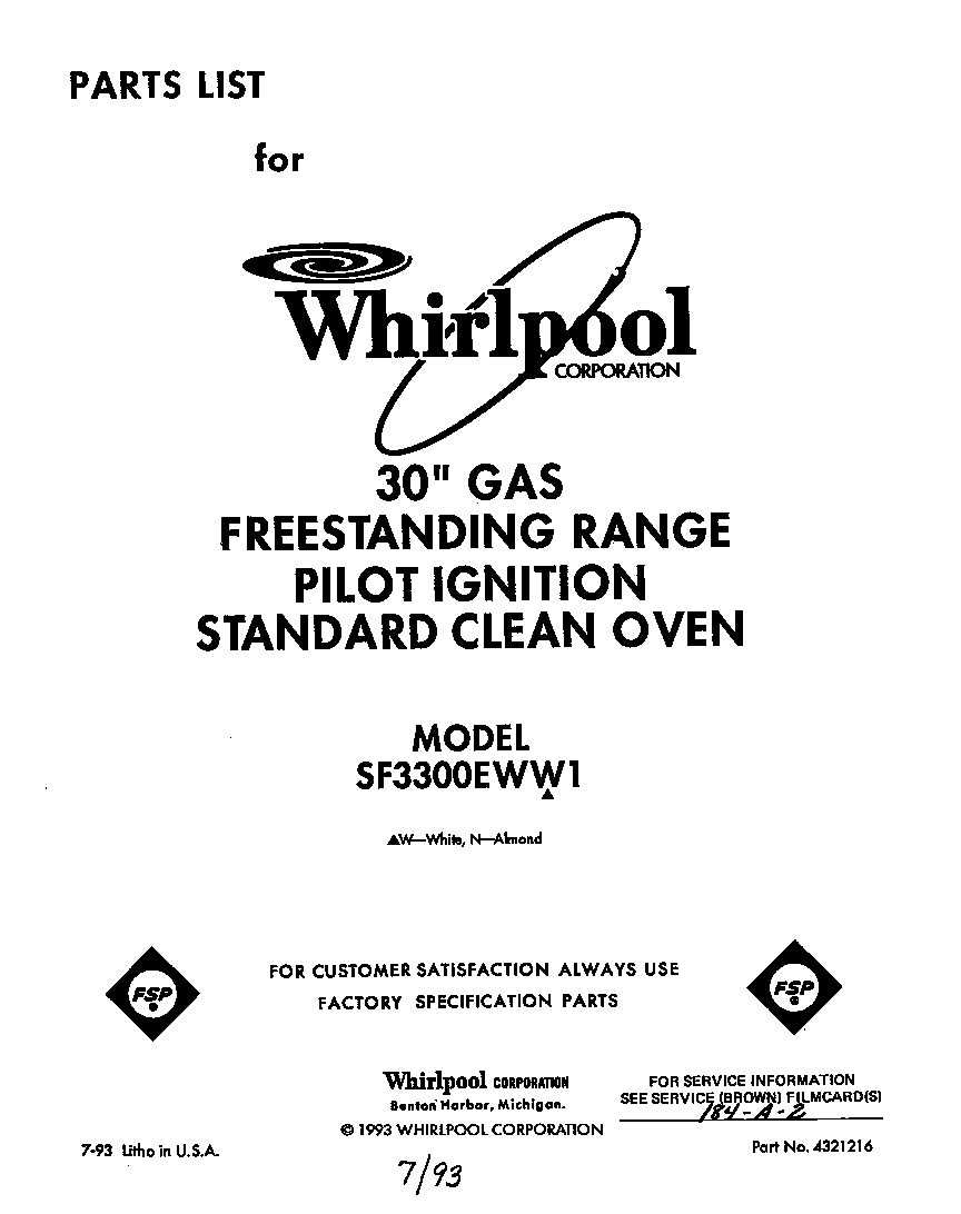 Whirlpool SF3300EWW1 front cover diagram