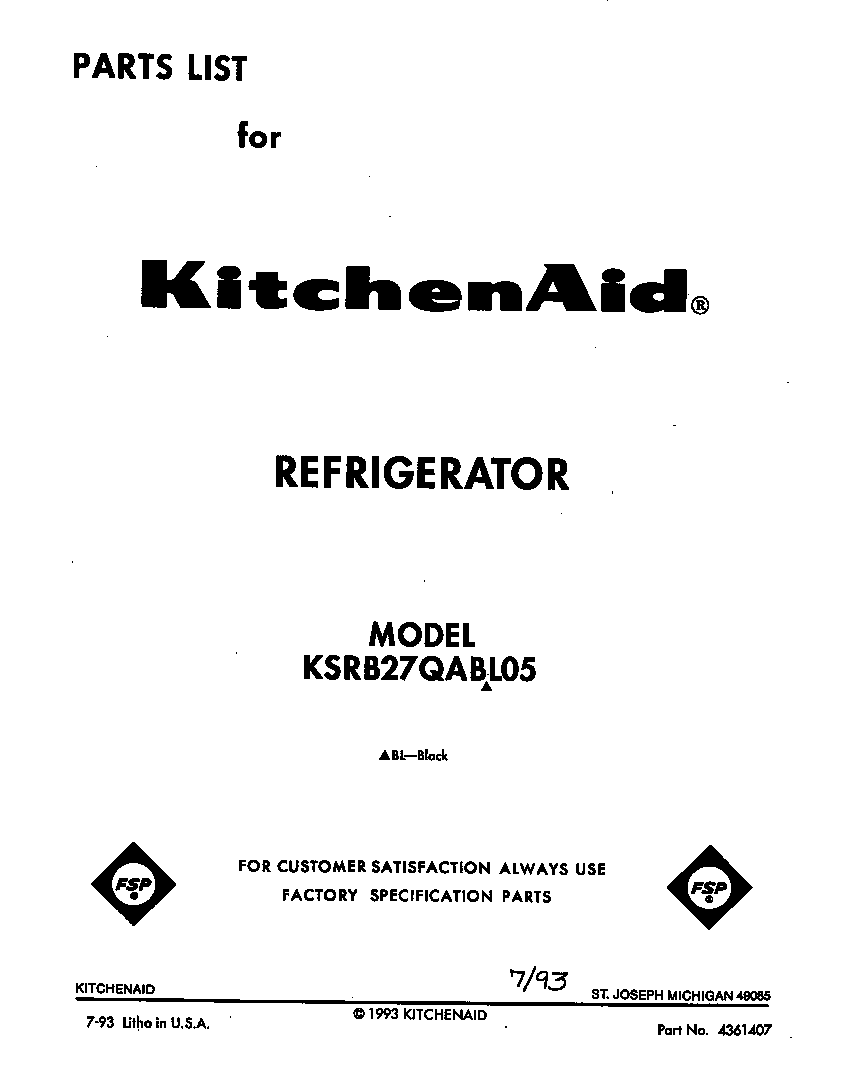 KitchenAid KSRB27QABL05 front cover diagram