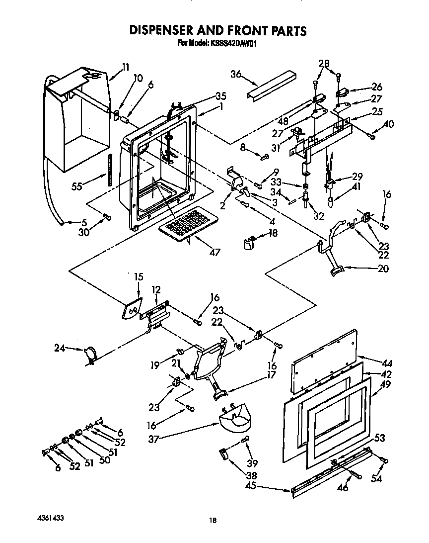 KitchenAid KSSS42DAW01 dispenser and front diagram