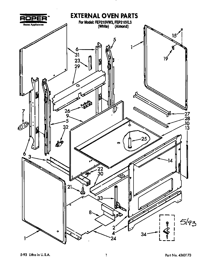 Roper FEP210VW3 external oven diagram