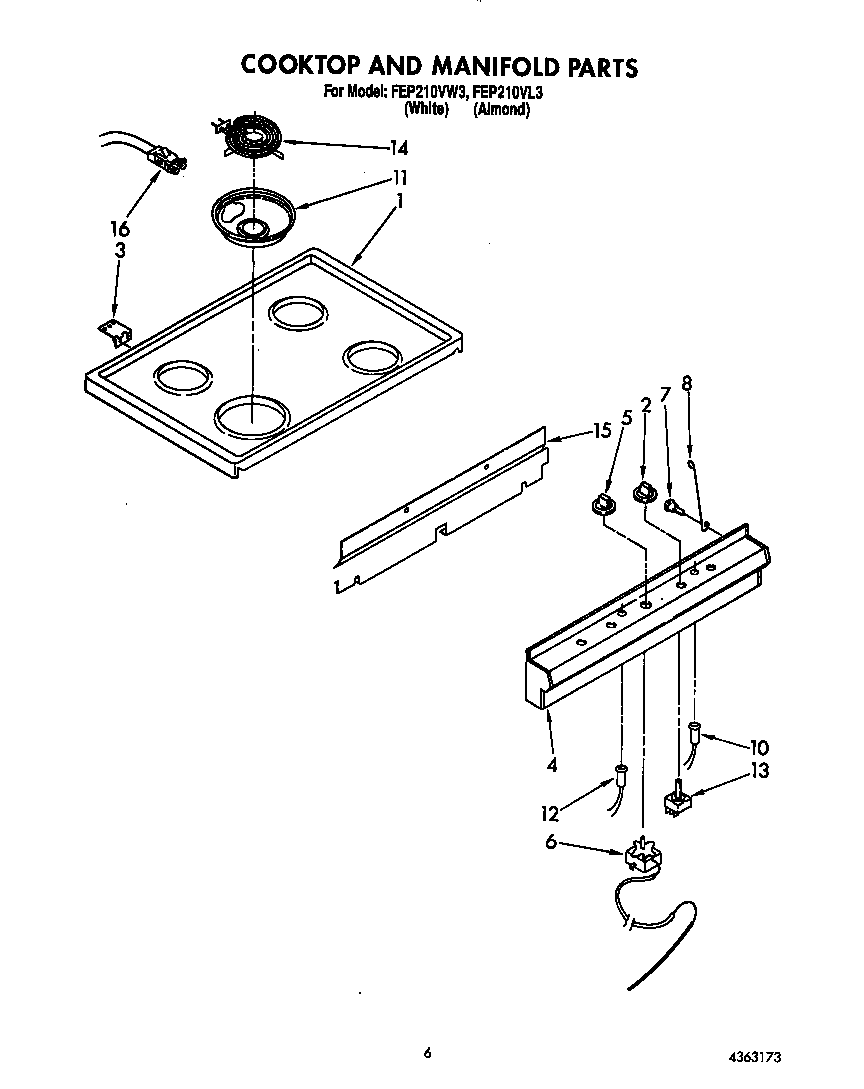 Roper FEP210VW3 cooktop and manifold diagram