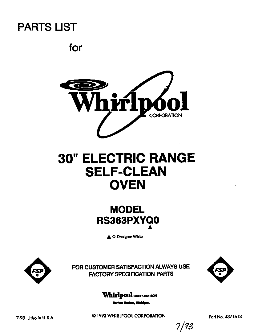 Whirlpool RS363PXYQ0 front cover diagram