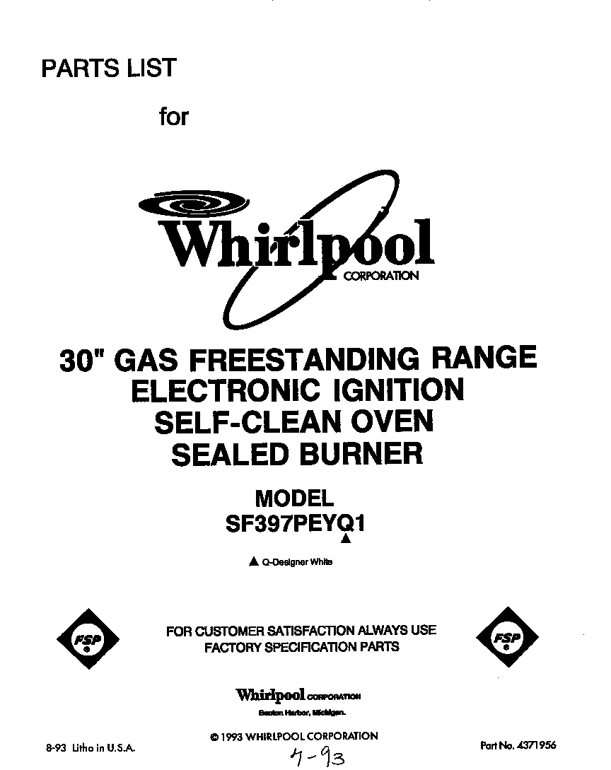 Whirlpool SF397PEYQ1 front cover diagram
