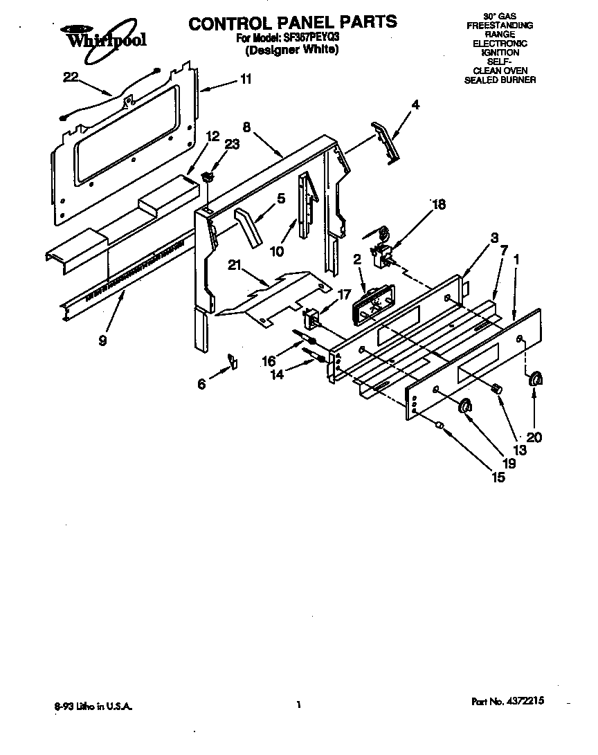 Whirlpool SF367PEYQ3 control panel diagram