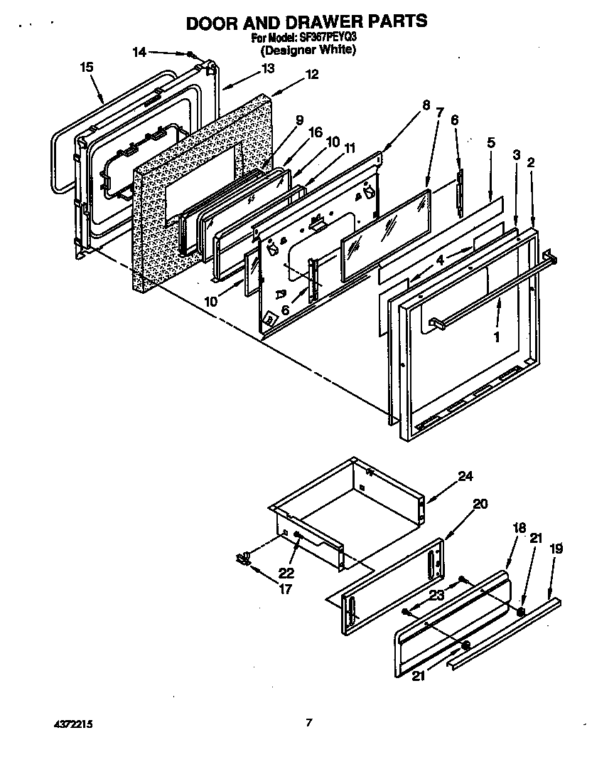 Whirlpool SF367PEYQ3 oven door and drawer diagram