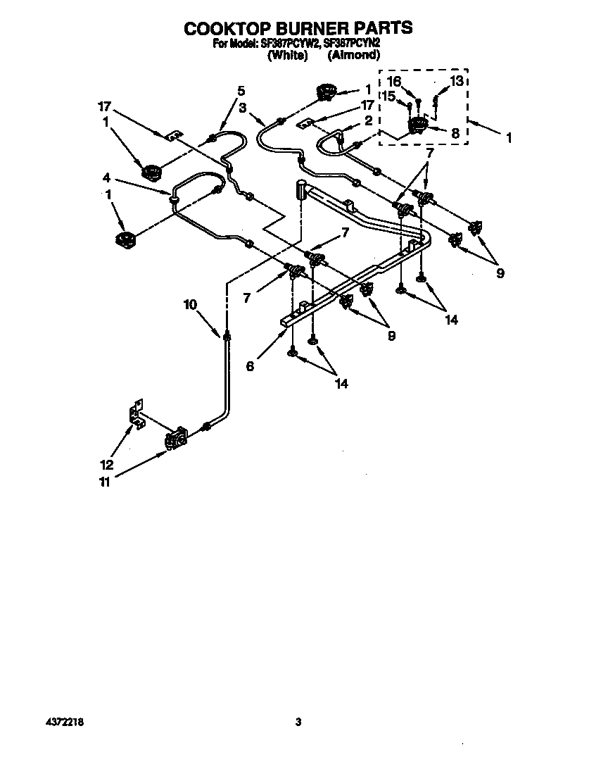 Whirlpool SF387PCYW2 cooktop burner diagram