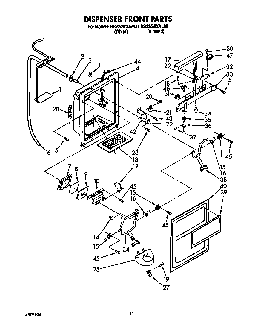 Roper RS22AWXAW00 dispenser front diagram