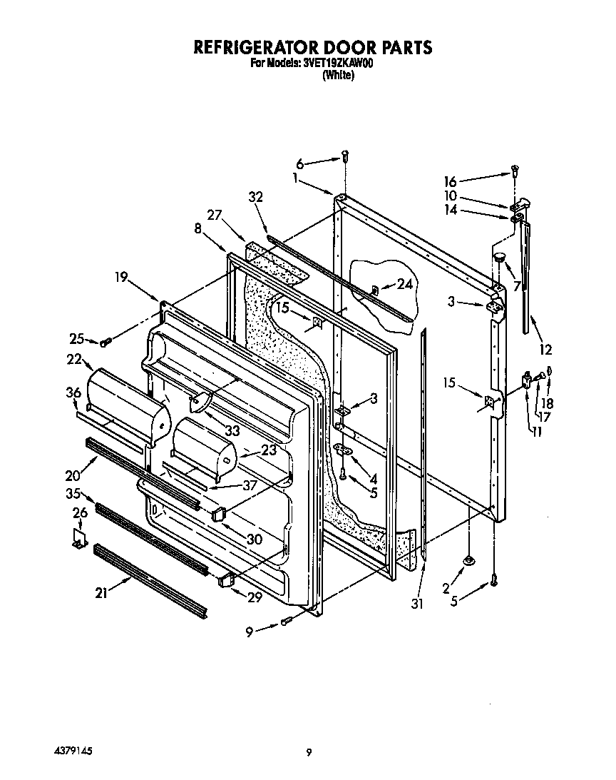Whirlpool 3VET19ZKAW00 refrigerator door diagram