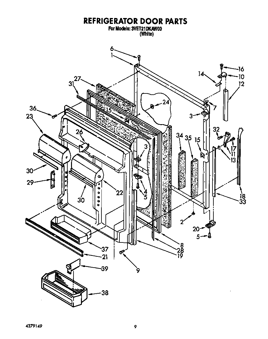 Whirlpool 3VET21DKAW00 refrigerator door diagram