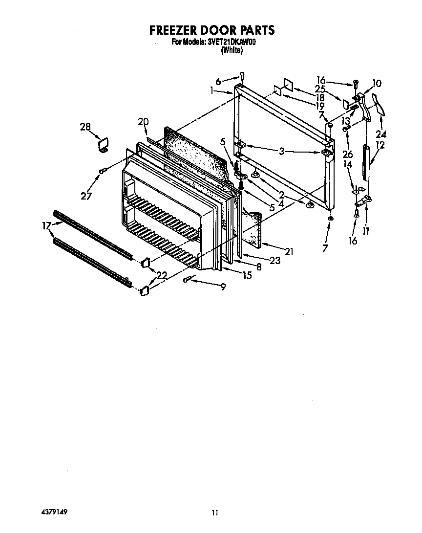 Whirlpool 3VET21DKAW00 freezer door diagram