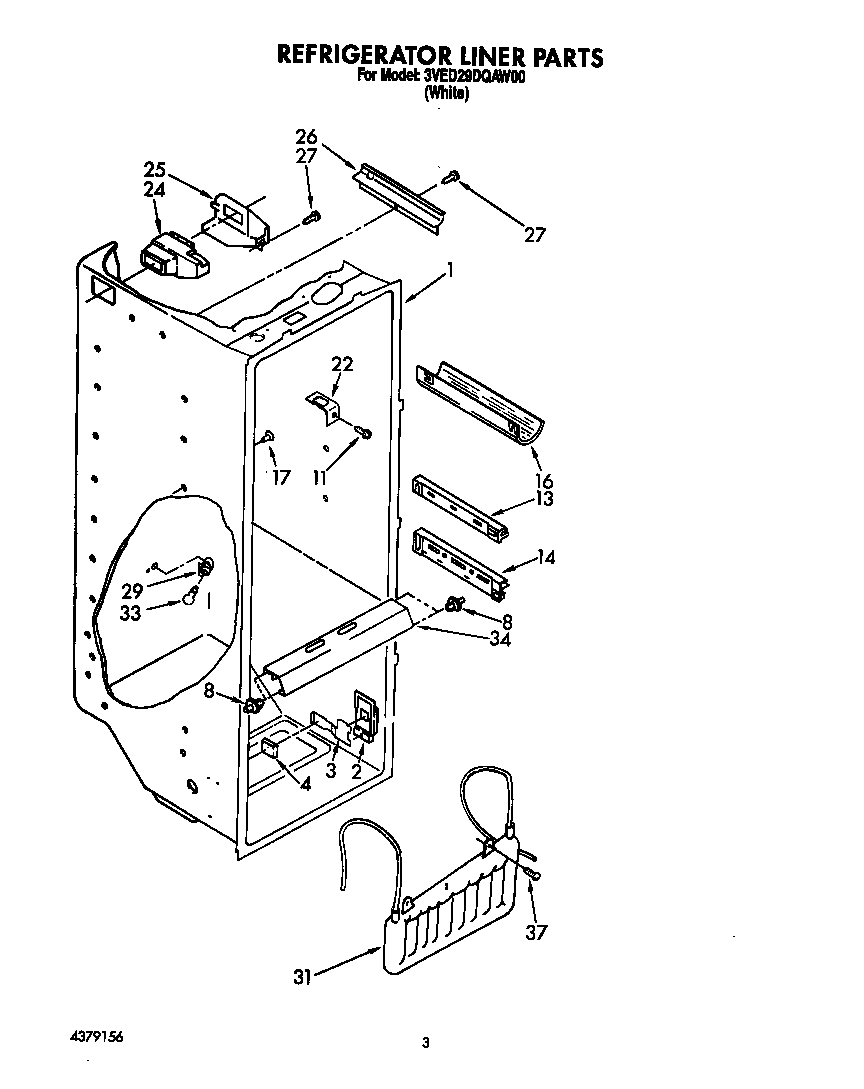 Whirlpool 3VED29DQAW00 refrigerator liner diagram