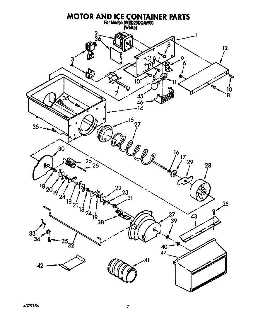 Whirlpool 3VED29DQAW00 motor and ice container diagram