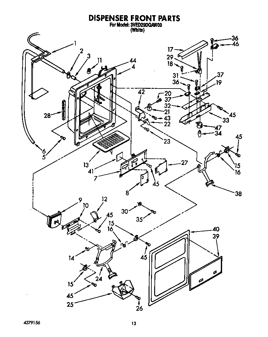 Whirlpool 3VED29DQAW00 dispenser front diagram