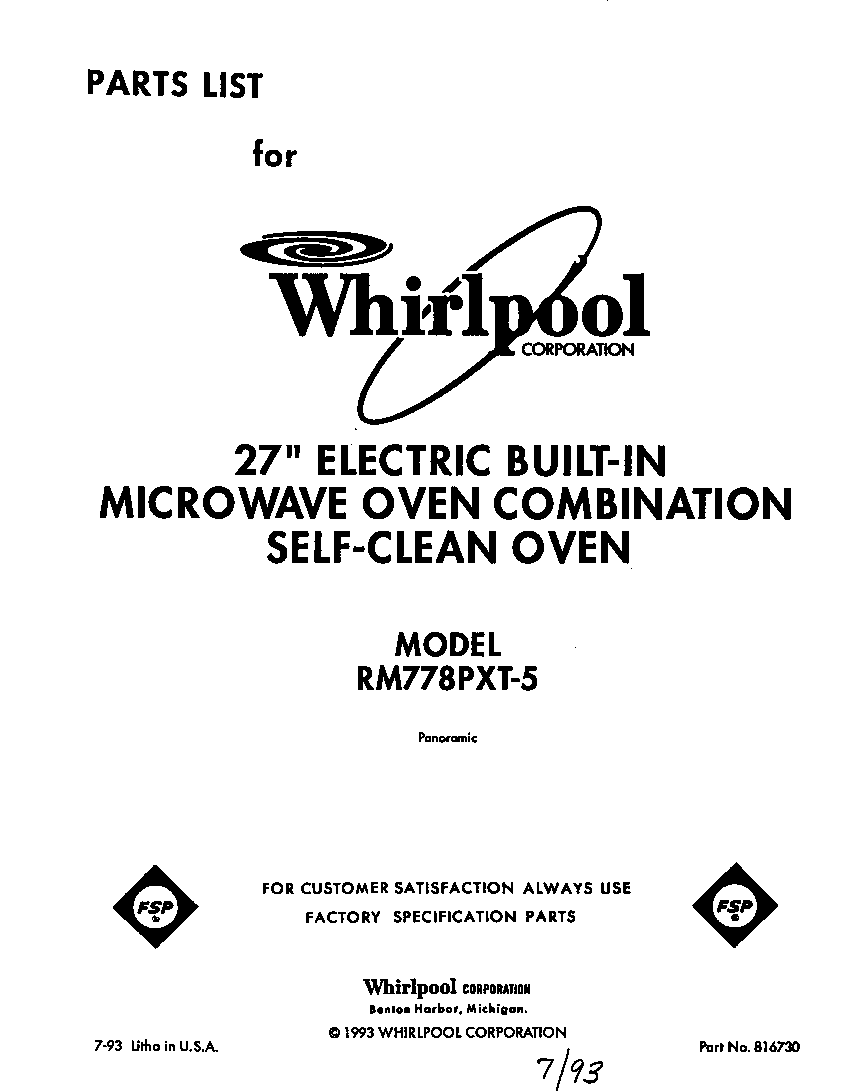 Whirlpool RM778PXT5 front cover diagram