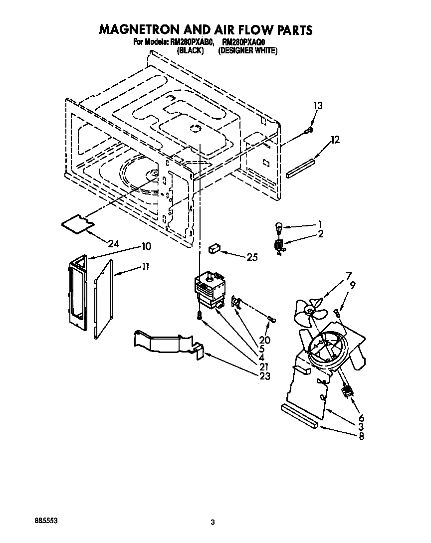 Whirlpool RM280PXAB0 magnetron and air flow diagram