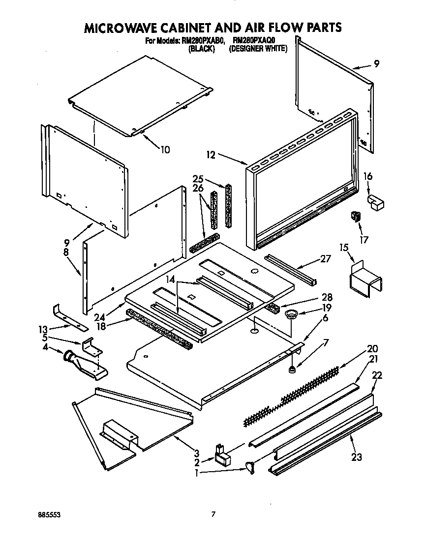 Whirlpool RM280PXAB0 microwave cabinet and air flow diagram