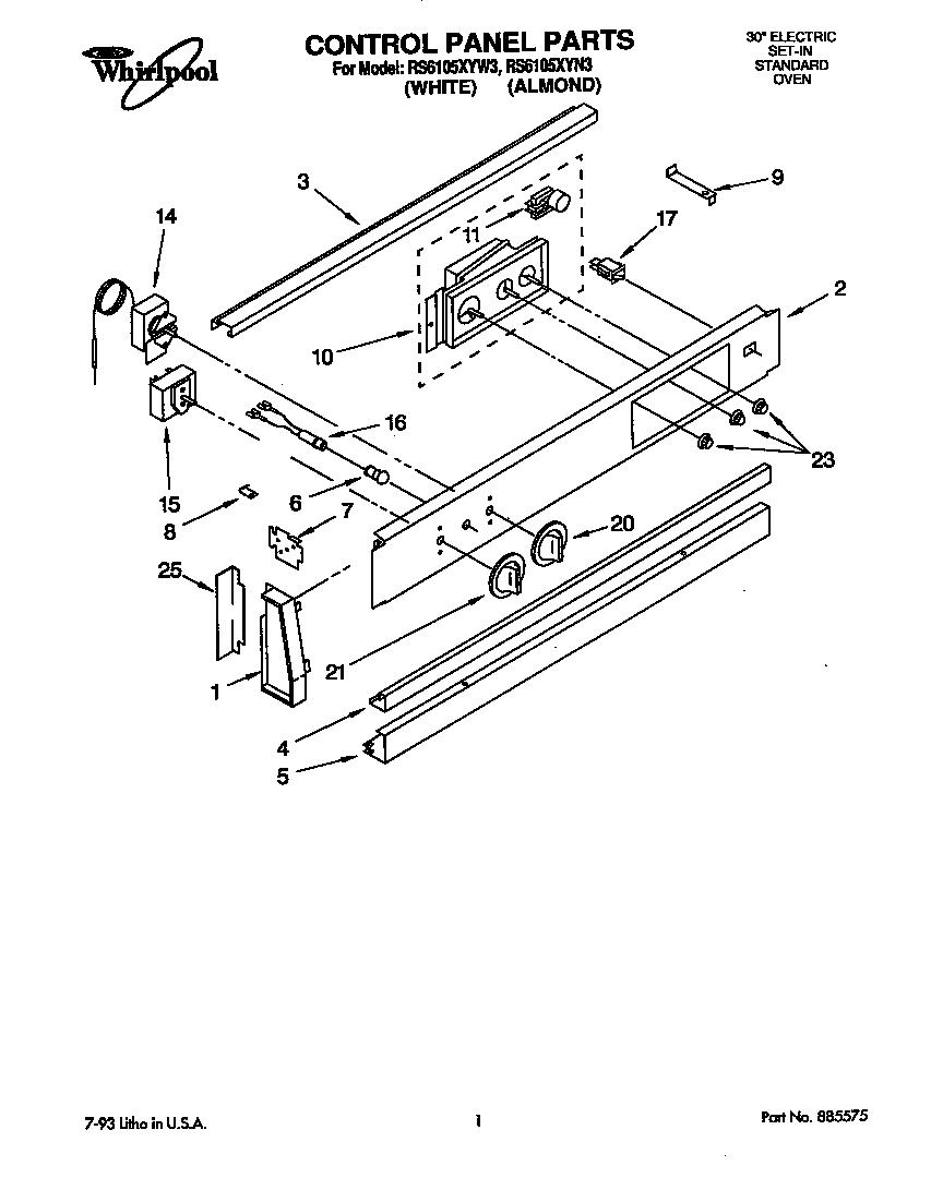 Whirlpool RS6105XYW3 control panel diagram