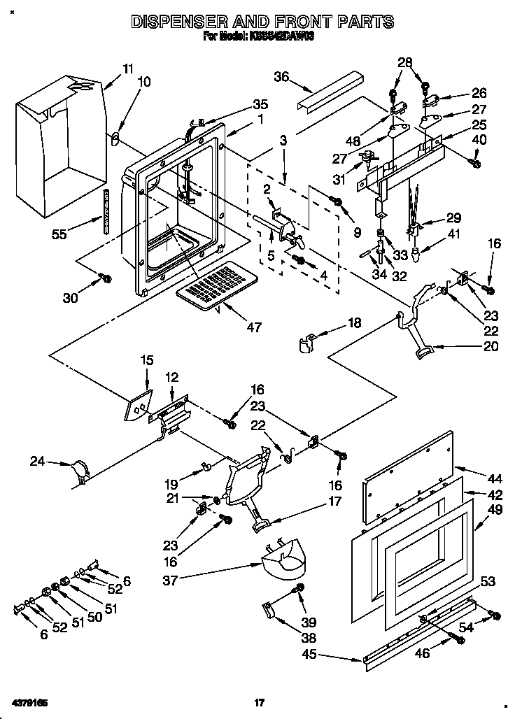 KitchenAid KSSS42DAW03 dispenser and front diagram