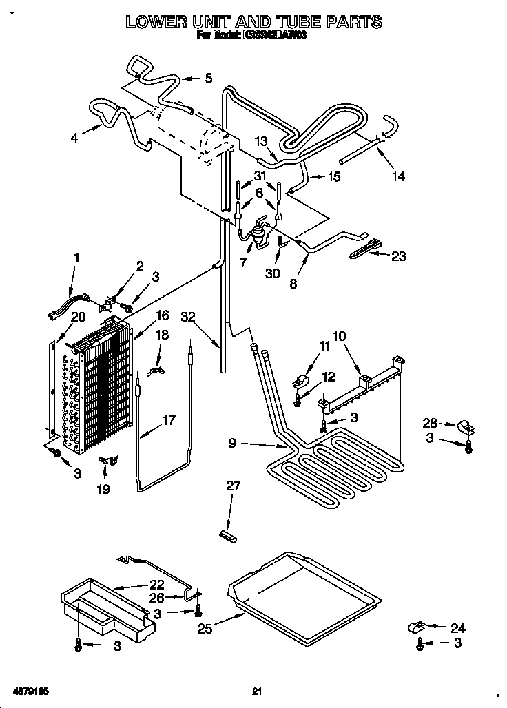 KitchenAid KSSS42DAW03 lower unit and tube diagram
