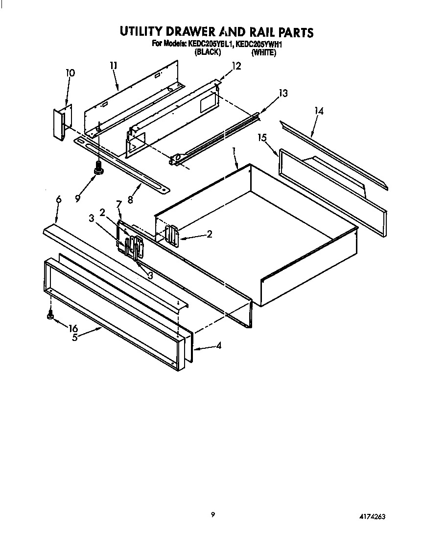 KitchenAid KEDC205YWH1 utility drawer and rail diagram