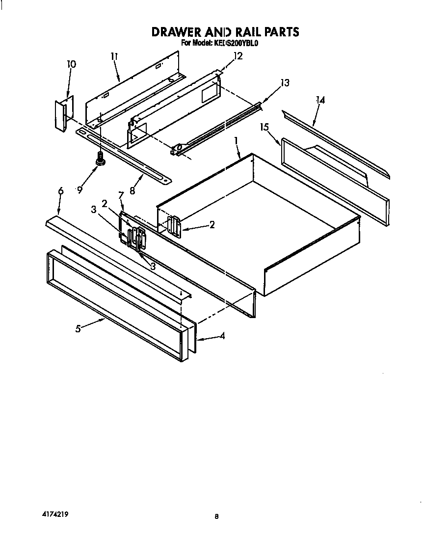 KitchenAid KEDS200YWH0 drawer and rail diagram