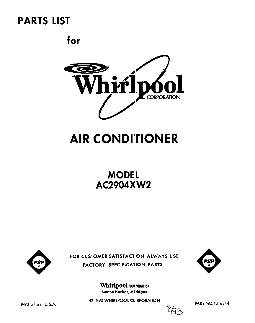 Whirlpool AC2904XW2 front cover diagram
