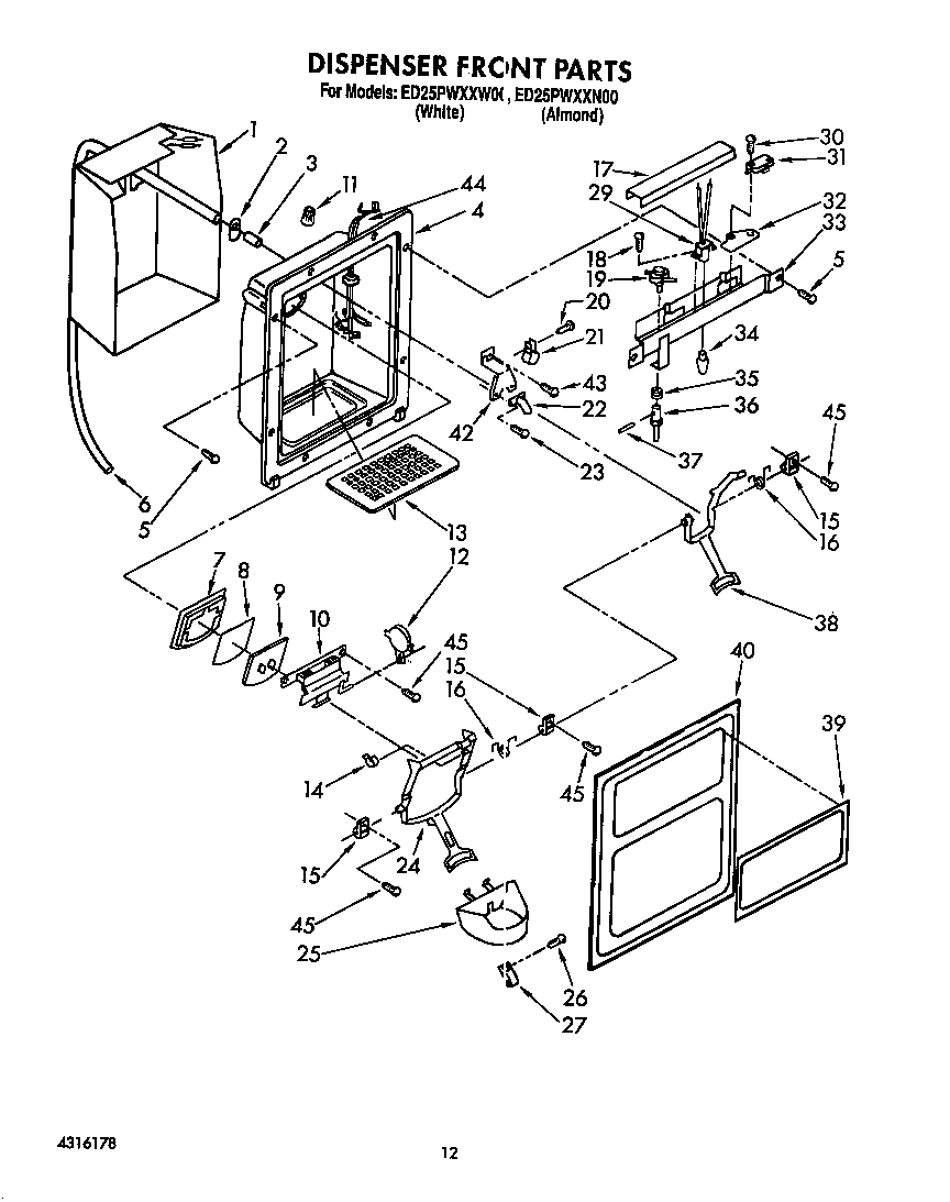 Whirlpool ED25PWXXW00 dispenser front diagram