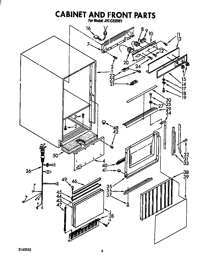 Whirlpool JVGC535W1 cabinet and front diagram