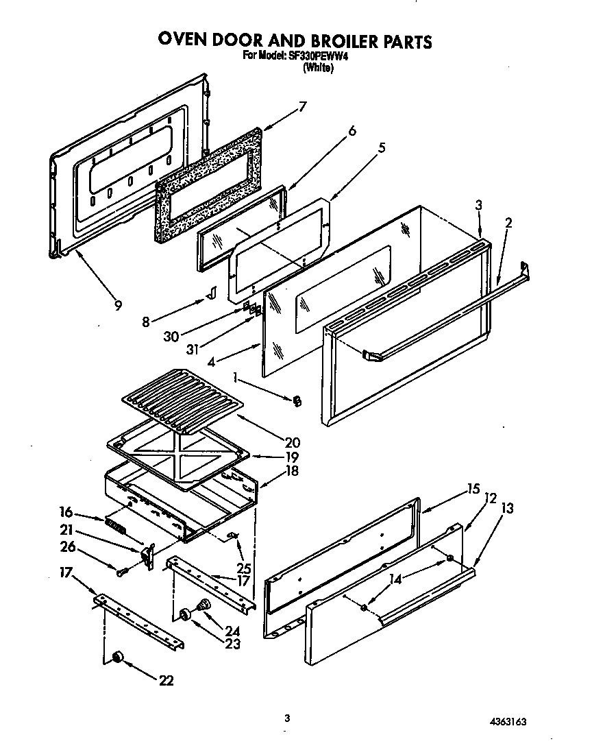 Whirlpool SF330PEWW4 oven door and broiler diagram