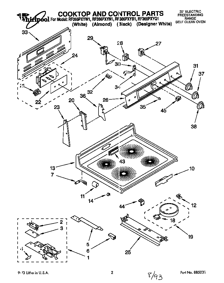 Whirlpool RF366PXYW1 cooktop and control diagram