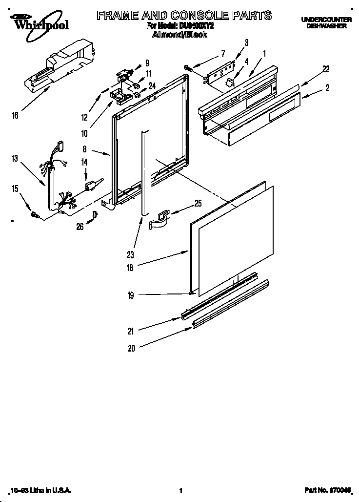 Whirlpool DU9400XY2 frame and console diagram