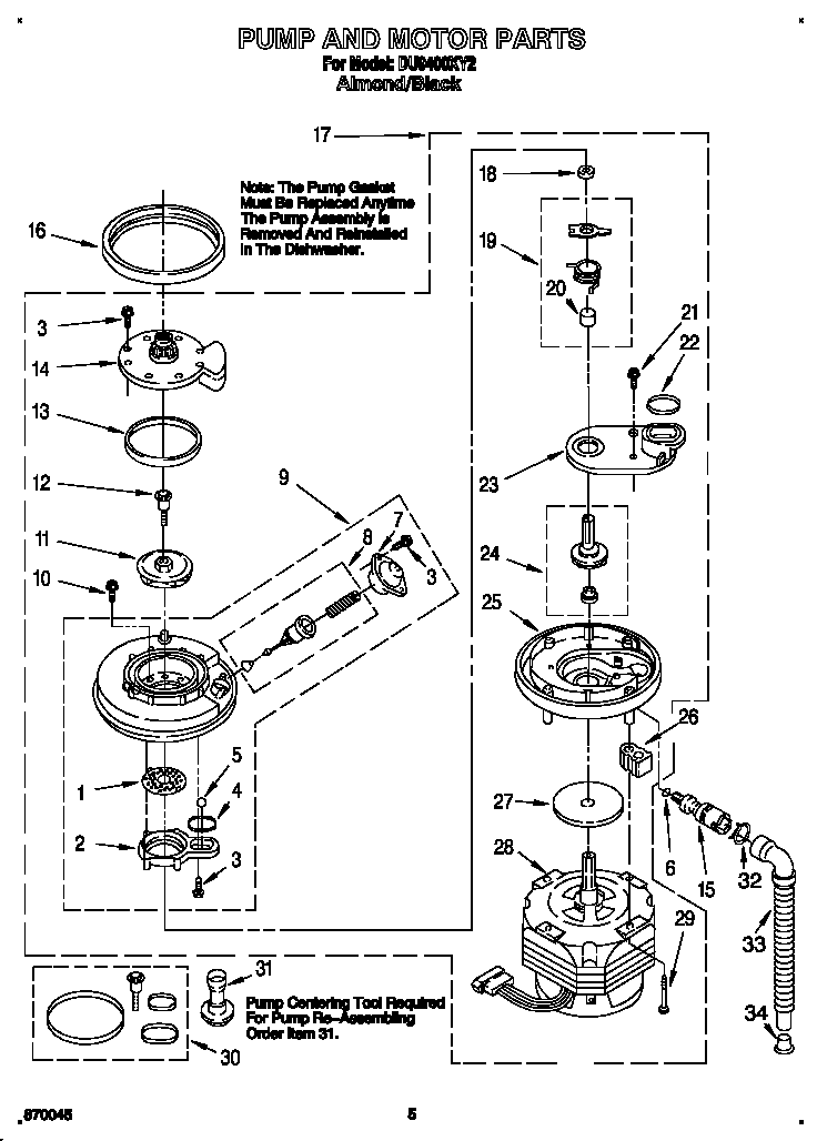Whirlpool DU9400XY2 pump and motor diagram